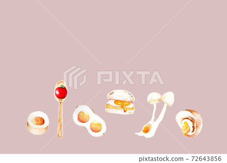 Various eggs, cherry tomatoes, curry bread, muffins, wooden spoons, analog watercolor 72643856