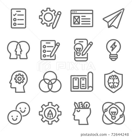 Design thinking icon illustration vector set. Contains such icons as Brainstorming, Survey, Discuss, Empathy, Test, Prototype, Ideation, Draft, and more. Expanded Stroke 72644248