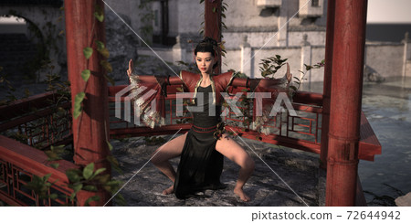 Woman from China Posing Dance and Fighting Figures in Chinese Pavilion with Chinese Landscape Background. 3d rendering, 3d illustration, 3d art. 72644942