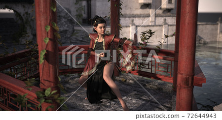 Woman from China Posing Dance and Fighting Figures in Chinese Pavilion with Chinese Landscape Background. 3d rendering, 3d illustration, 3d art. 72644943