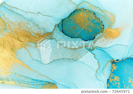Alcohol ink blue and gold abstract background. Ocean style watercolor texture. 72645971