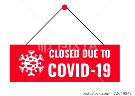 Inscription on red plate on closed door of office or store. 72649841