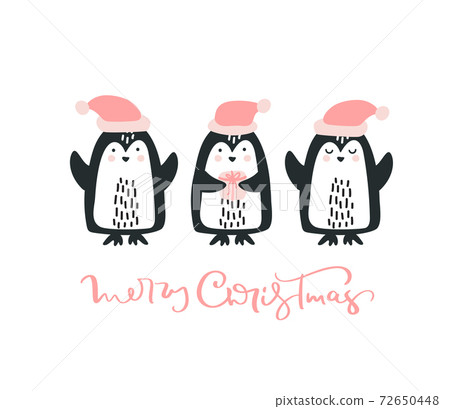 Christmas Greeting Card with pinguins and text Merry Christmas. Enjoy winter time. Template for Greeting Scrapbooking, Congratulations, Invitations Christmas Greeting Card with pinguins and text Merry Christmas. Enjoy winter time. Template for Greeting Scrapbooking, Congratulations, Invitations 72650448