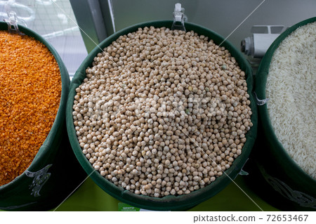 dried beans in burlap bags, top view 72653467
