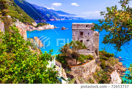 Cinque terre villages - scenic Monterosso al mare , view with medieval castle. Italy, Liguria 72653737