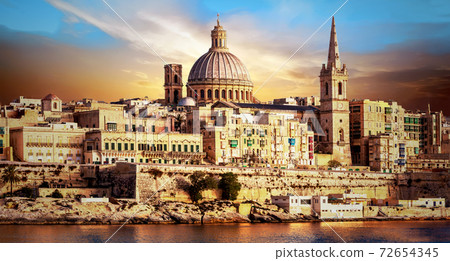 panoramic view of beautiful Valletta over sunset . Malta 72654345