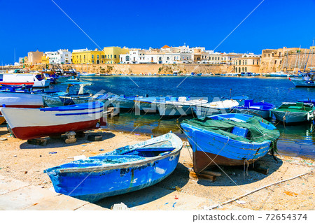 Traditional Italy. Old port of Gallipoli, view with castle amd boats, Puglia. Traditional Italy. Old port of Gallipoli, view with castle amd boats, Puglia. 72654374