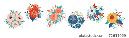 Bouquet. Cartoon blossoming flowers and leaves. Collection of blooming plants and decorative foliage. Isolated floral bunches for holidays. Celebrative botanical elements, vector set 72655069