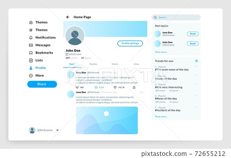 Social page interface. User profile UI mockup. Network account with control menu and profile photo, topics or place for posts. Web template with text and buttons, vector application 72655212
