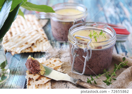 Faux gras. Vegetable Foie Gras from lentils and beets in jar and crispbread Faux gras. Vegetable Foie Gras from lentils and beets in jar and crispbread 72655862