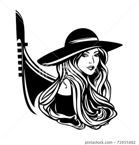 beautiful woman wearing hat with venetian gondola boat black vector portrait beautiful woman wearing hat with venetian gondola boat black vector portrait 72655882