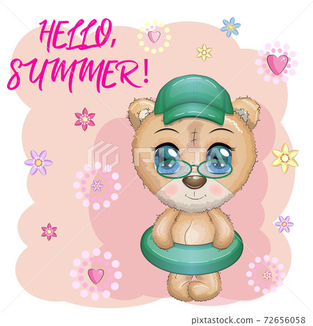 Cute cartoon bear with big eyes in a swimming circle. Summer is coming. Cute cartoon bear with big eyes in a swimming circle. Summer is coming. 72656058