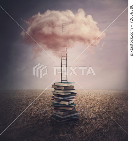 Surreal landscape, conceptual scene with a books pile in the middle of an open meadow, and a ladder or stairway leading up to a pink cloud in the sky. Fantasy world, adventure in search of knowledge Surreal landscape, conceptual scene with a books pile in the middle of an open meadow, and a ladder or stairway leading up to a pink cloud in the sky. Fantasy world, adventure in search of knowledge 72656386