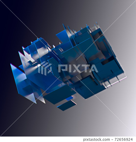 Abstract cube made of blue color plates on a gray background. 3d rendering. Innovative impressive technologies Abstract cube made of blue color plates on a gray background. 3d rendering. Innovative impressive technologies 72656924