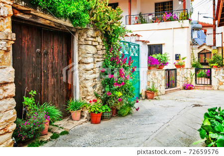 Beautiful floral streets of traditioanl villages of Cyprus island Beautiful floral streets of traditioanl villages of Cyprus island 72659576