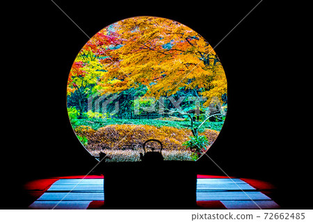 鎌倉/明月院從圓形窗戶看到的秋葉 72662485