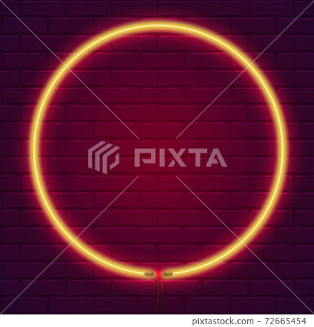 Neon lamp in the shape of circle. Brick wall lit - Stock Illustration ...