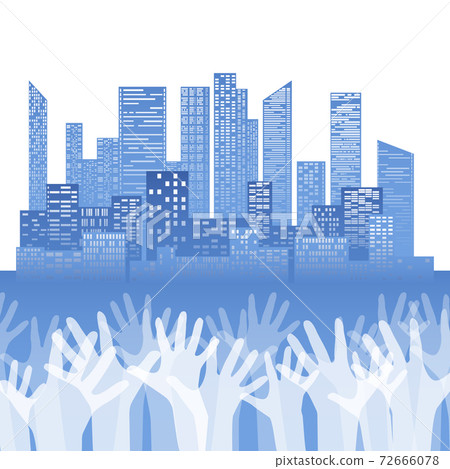 Silhouette of stretched up hands on city of skyscrapers background. Democratic voting. Peoples choice. Voting for everyone. Vector element 72666078