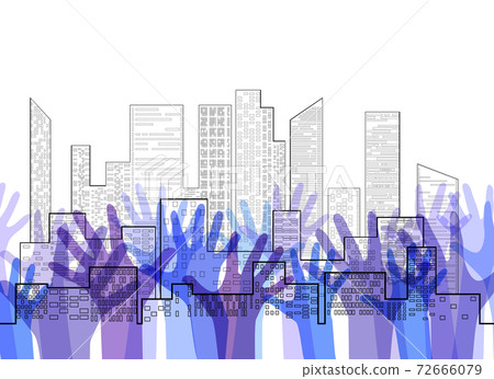 Silhouette of stretched up hands on outline city of skyscrapers background. Democratic voting. Peoples choice. Voting for everyone. Vector element Silhouette of stretched up hands on outline city of skyscrapers background. Democratic voting. Peoples choice. Voting for everyone. Vector element 72666079