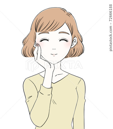 一個女人握著她的臉頰上的手,微笑 一個女人握著她的臉頰上的手,微笑 72666188