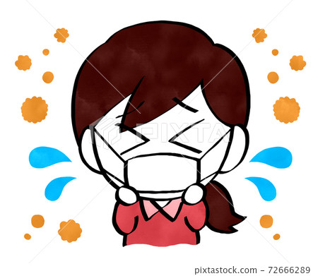 A woman wearing a mask suffering from pollen A woman wearing a mask suffering from pollen 72666289