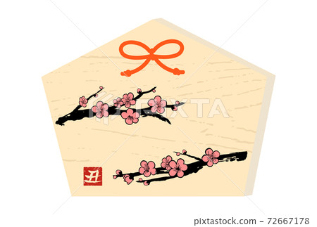 Hand-painted plum blossoms and votive tablet with wood grain (red plum) 72667178