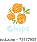 Potato chips clipart vector icon. Stock isolated cute cartoon fastfood illustration. Orange, yellow wavy vegetable chips. Vegan kawaii food. Heap of salty chips with leaves. Cinema crispy snacks. 72667935
