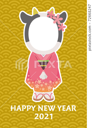 Photo frame of a cow wearing furisode New Year's card (Qinghai wave pattern) Photo frame of a cow wearing furisode New Year's card (Qinghai wave pattern) 72668247