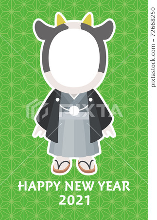 A photo frame of a cow wearing a crested hakama New Year's card (hemp leaf pattern) 72668250