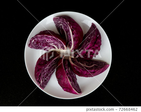 Fresh raw and organic cut violet color cabbage in white plate as texture, background 72668462