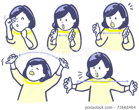 Illustration of a woman measuring the width by hand with an arrow 2 colors 72668464