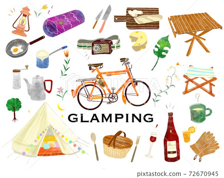Illustration vector material of various outdoor equipment of fashionable glamping that can also be used for worcation Illustration vector material of various outdoor equipment of fashionable glamping that can also be used for worcation 72670945