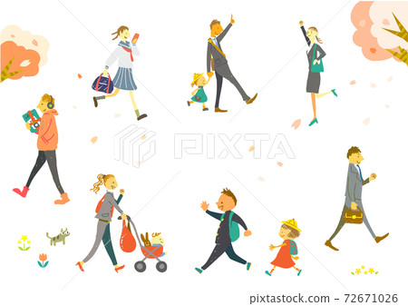 新生活開始春季步行者的手繪插圖素材集 72671026