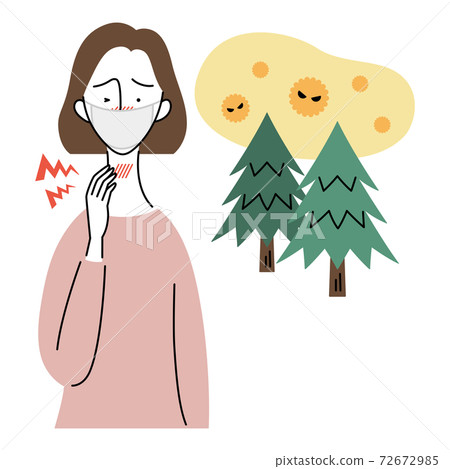 A woman who feels pain in her throat due to hay fever (wearing a mask) A woman who feels pain in her throat due to hay fever (wearing a mask) 72672985