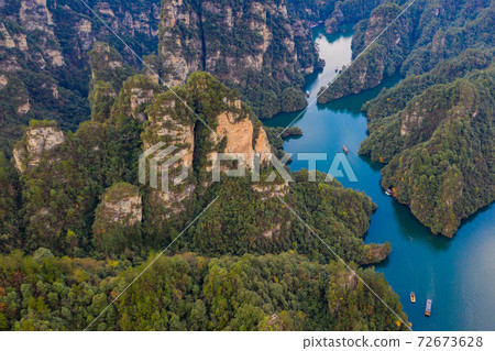 Beautiful mountainous scenery from the air of BaoFeng lake in China Beautiful mountainous scenery from the air of BaoFeng lake in China 72673628