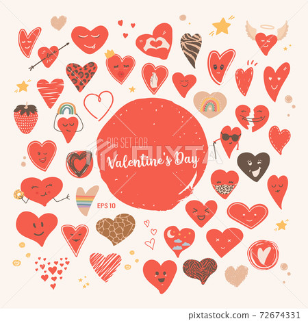 Big set for Valentine s Day. Vector hand drawn hearts. The concept of love, wedding, February 14. For the design of postcards, stickers, stamps, prints. Isolated on white background EPS 10. Big set for Valentine s Day. Vector hand drawn hearts. The concept of love, wedding, February 14. For the design of postcards, stickers, stamps, prints. Isolated on white background EPS 10. 72674331