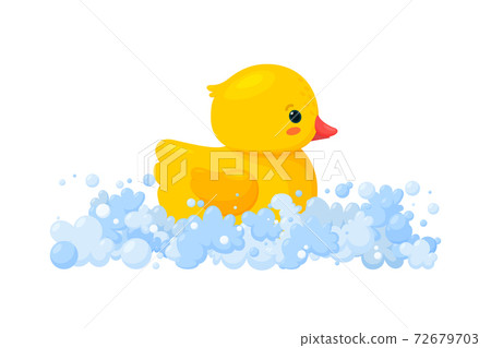Rubber duck in soap foam with bubbles isolated in white background. Side view of yellow plastic duckling toy in suds. Vector illustration 72679703