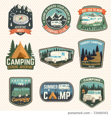 Set of rv camping badges, patches. Vector. Concept for shirt or logo, print, stamp or tee. Vintage typography design with RV Motorhome, camping trailer silhouette. Set of rv camping badges, patches. Vector. Concept for shirt or logo, print, stamp or tee. Vintage typography design with RV Motorhome, camping trailer silhouette. 72680301