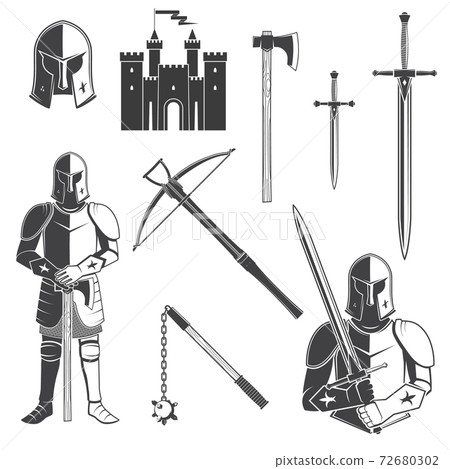 Set of knight and knight equipment icon Knife, dagger, sword, battle, castel, helmet, flail, crossbow isolated on the white background. Vector illustration. Set of knight and knight equipment icon Knife, dagger, sword, battle, castel, helmet, flail, crossbow isolated on the white background. Vector illustration. 72680302