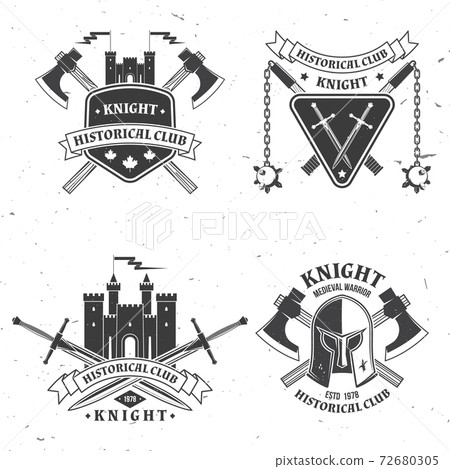 Set of knight historical club badge design. Vector Concept for shirt, print, stamp, overlay or template. Vintage typography design with battle axe, knight helmet, swords castle silhouette Set of knight historical club badge design. Vector Concept for shirt, print, stamp, overlay or template. Vintage typography design with battle axe, knight helmet, swords castle silhouette 72680305