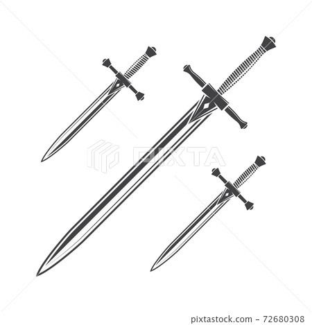 Knife, dagger and sword isolated on the white background. Vector illustration Knight equipment icon knife, dagger and sword isolated silhouette. Knife, dagger and sword isolated on the white background. Vector illustration Knight equipment icon knife, dagger and sword isolated silhouette. 72680308