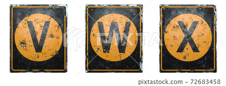 Set of public road sign orange and black color with a capital letters V, W, X in the center isolated on white background. 3d 72683458