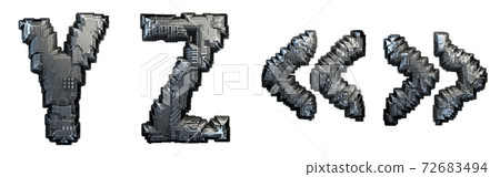 Set of capital letters Y, Z and symbol quotation mark made of metal isolated on white background. 3d Set of capital letters Y, Z and symbol quotation mark made of metal isolated on white background. 3d 72683494