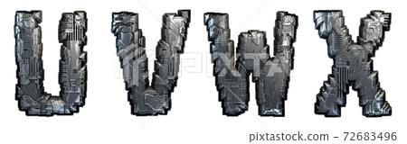 Set of capital letters U, V, W, X made of metal isolated on white background. 3d 72683496