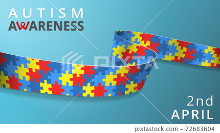 Realistic mosaic ribbon. Awareness autism month poster. Vector illustration. Colorful puzzles. Childlike background. World autism day solidarity concept. 2nd of April. 72683604