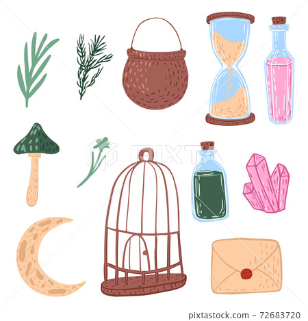 Set witchcraft isolated on white background. Cartoon cauldron, bottle of elixir, toadstool, rosemary, moon, envelope, hourglass, crystal. Set witchcraft isolated on white background. Cartoon cauldron, bottle of elixir, toadstool, rosemary, moon, envelope, hourglass, crystal. 72683720