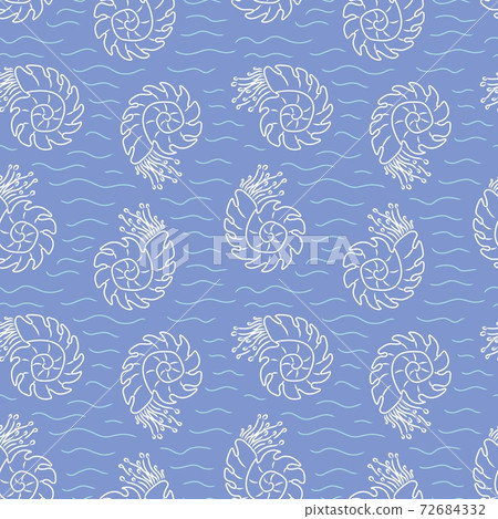 Delicate sea pattern of amonites. A doodle-style pattern. Spiral shell. Light Blue background. A beautiful pattern of seashells. Sea creature. Pattern for fabrics, website design. 72684332