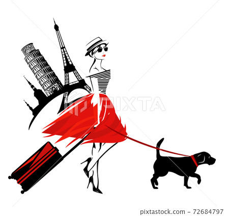 fashion woman travelling abroad with her pet dog vector sketch 72684797