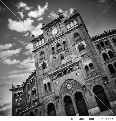 Bullring in Madrid, Las Ventas, situated at Plaza de torros. It is the bigest bullring in Spain in black and white. 72685576