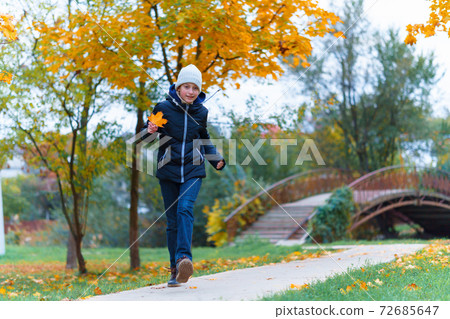 a girl walks along the path and enjoys autumn, maples with yellow leaves and a bridge over the river a girl walks along the path and enjoys autumn, maples with yellow leaves and a bridge over the river 72685647